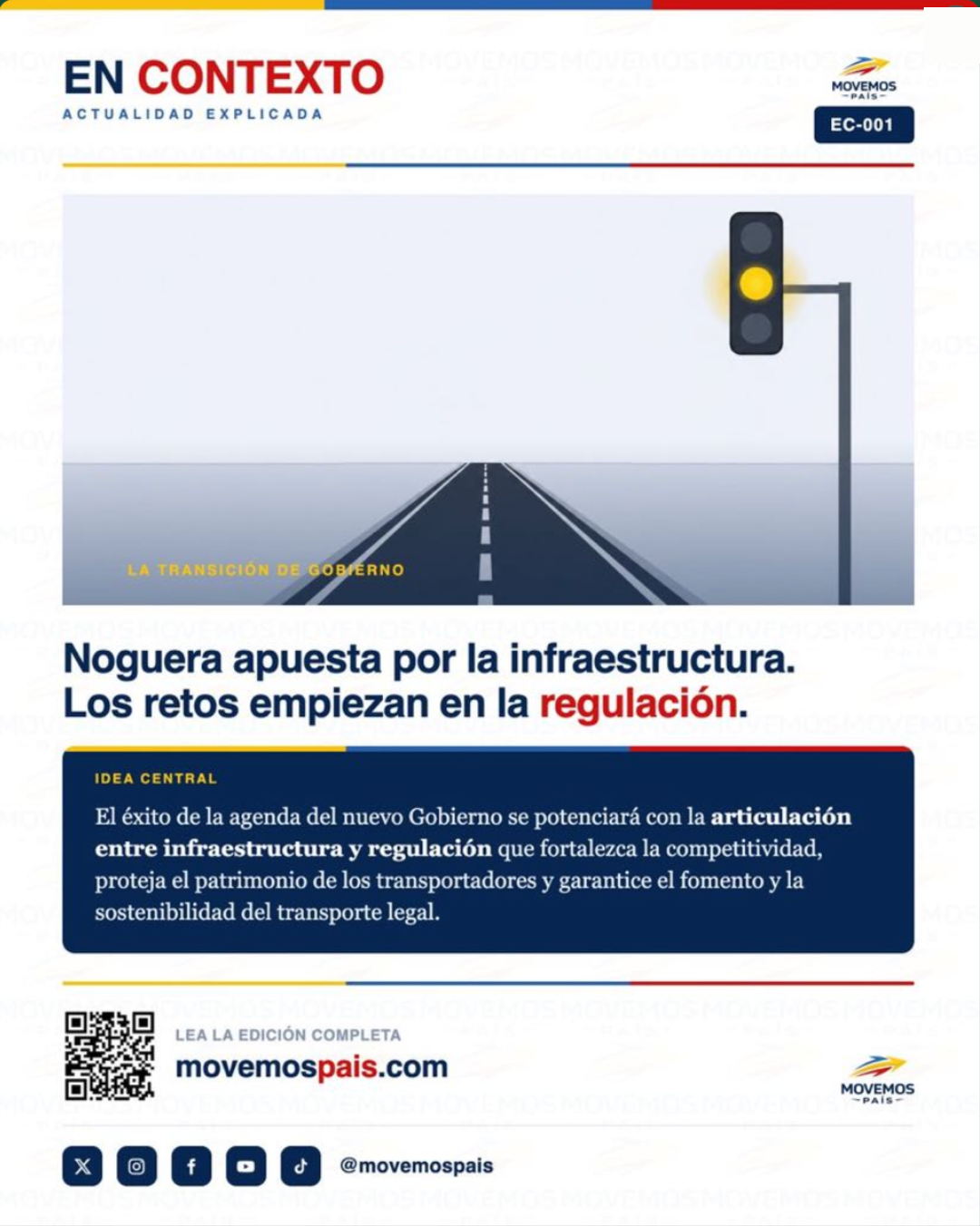 Portada de la edición EC-001 de En Contexto: Elsa Noguera, ministra de Transporte designada, apuesta por la infraestructura; los primeros retos empiezan en la regulación.